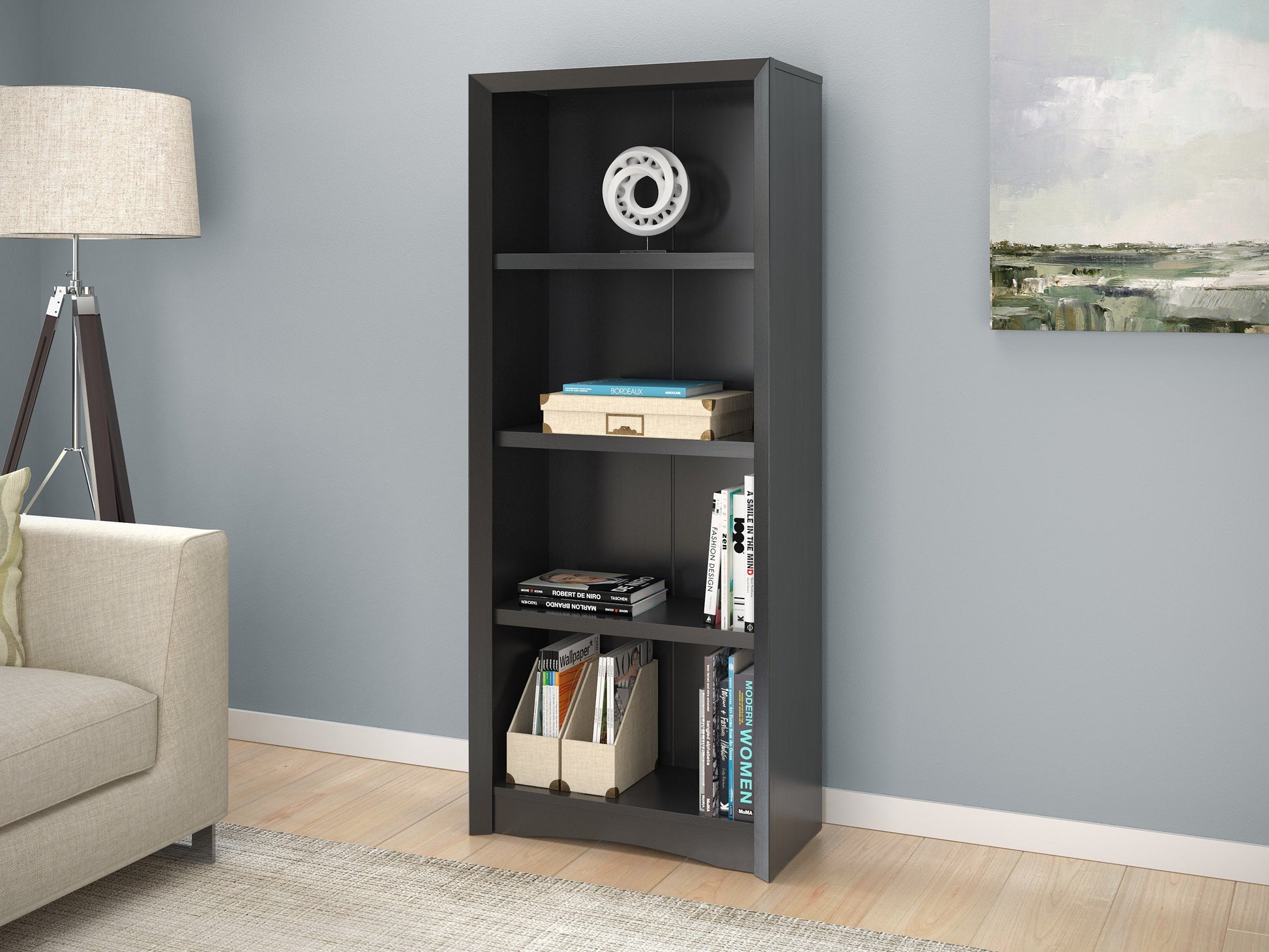 Black 4-shelf bookcase with a sleek design, made of sturdy wood, featuring adjustable shelves, smooth matte finish, and ample storage space for books, decor, and office supplies.