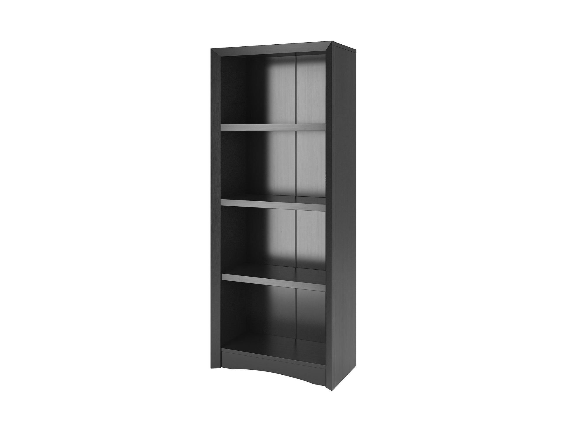 Black 4-shelf bookcase with a sleek design, made of sturdy wood, featuring adjustable shelves, smooth matte finish, and ample storage space for books, decor, and office supplies.