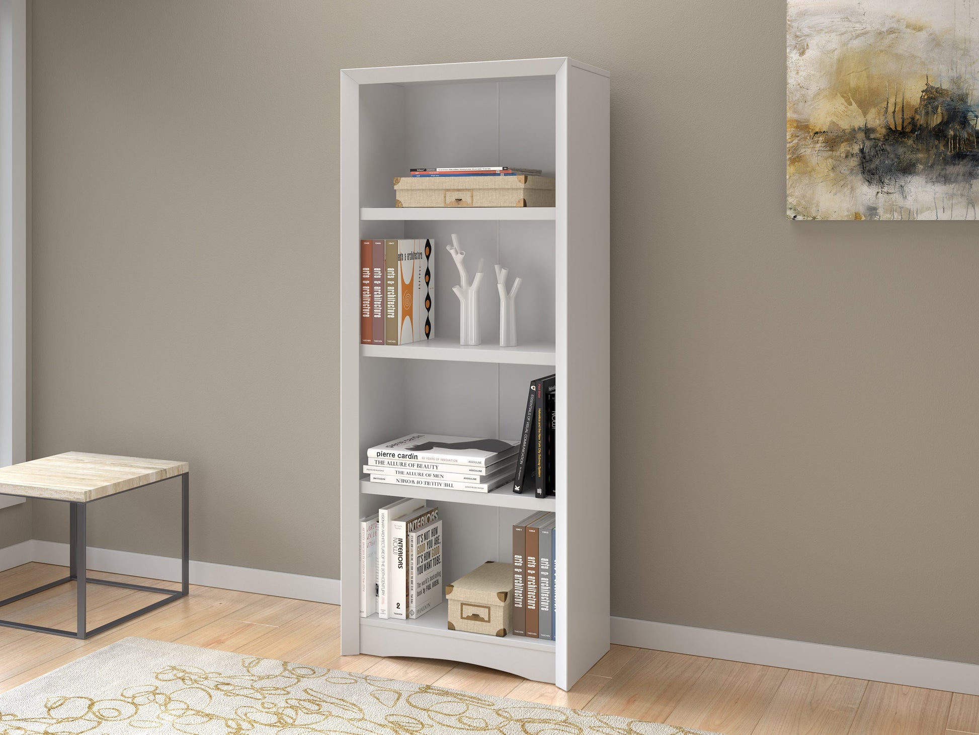White 4 shelf bookcase with clean lines, minimalist design, and sturdy construction. Made of wood with a smooth finish, ideal for modern home or office organization.
