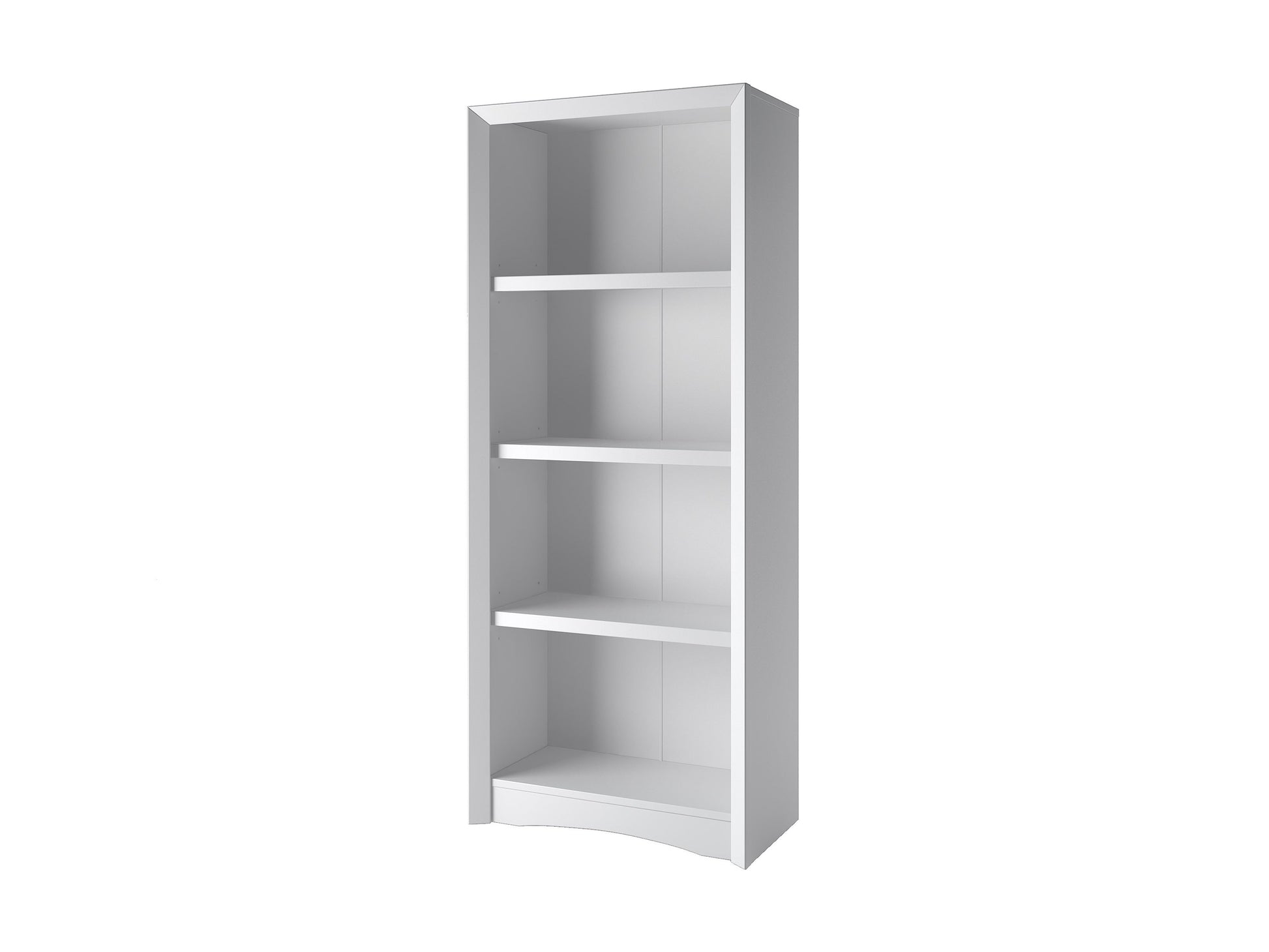 White 4 shelf bookcase with clean lines, minimalist design, and sturdy construction. Made of wood with a smooth finish, ideal for modern home or office organization.