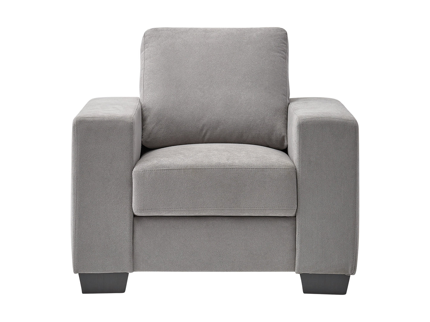 Light grey arm chair featuring plush fabric upholstery, sleek wooden legs, and a modern design with curved armrests and a comfortable cushioned seat. Ideal for contemporary living rooms or offices.