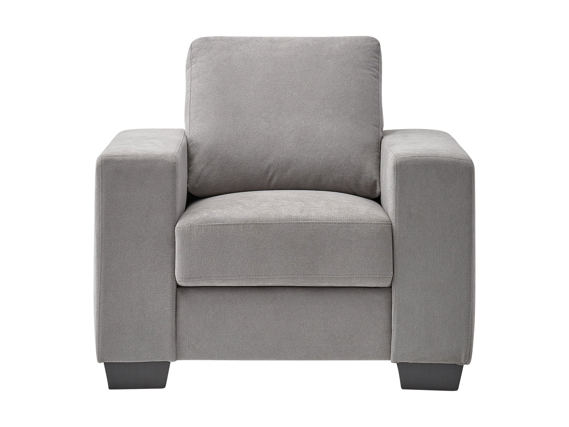 Light grey arm chair featuring plush fabric upholstery, sleek wooden legs, and a modern design with curved armrests and a comfortable cushioned seat. Ideal for contemporary living rooms or offices.