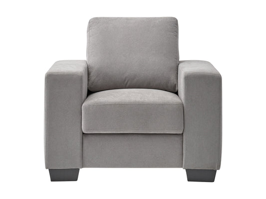 Light grey arm chair featuring plush fabric upholstery, sleek wooden legs, and a modern design with curved armrests and a comfortable cushioned seat. Ideal for contemporary living rooms or offices.