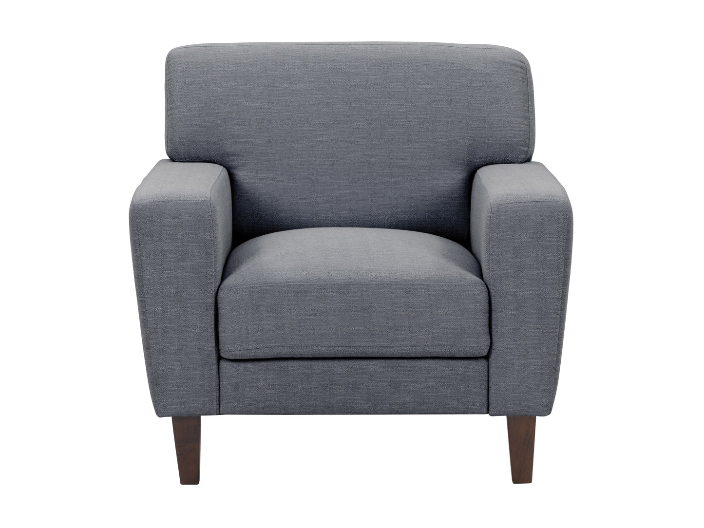 Grey upholstered armchair with wooden legs, featuring a modern design and plush cushioning for added comfort, ideal for living rooms or home offices.