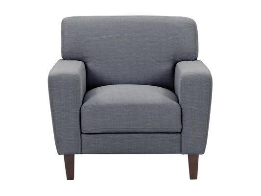 Grey upholstered armchair with wooden legs, featuring a modern design and plush cushioning for added comfort, ideal for living rooms or home offices.