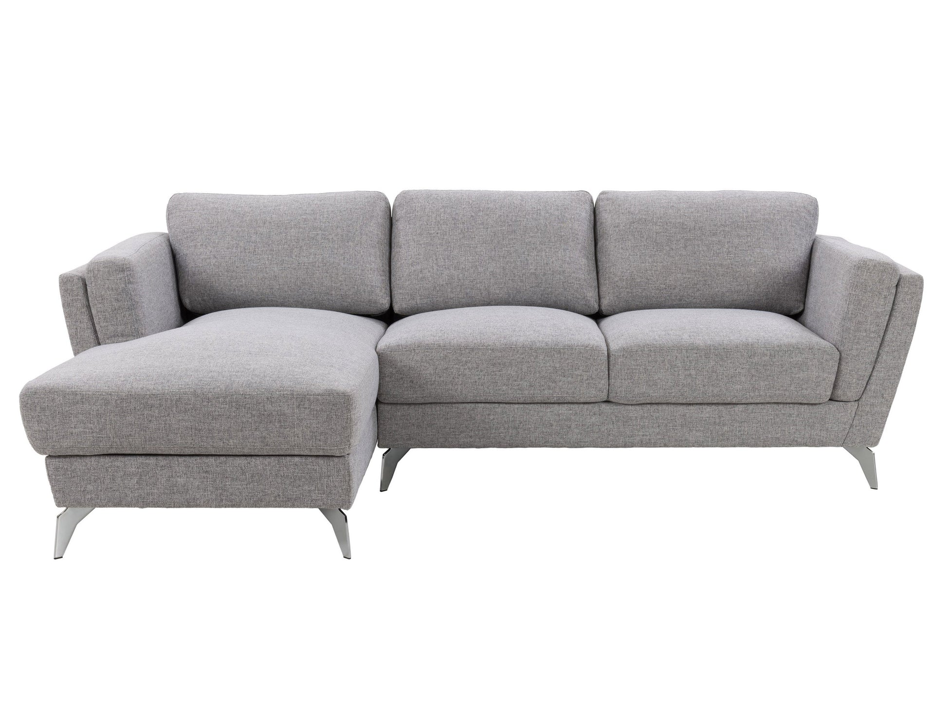 Light grey L-shaped sectional sofa, left facing, featuring plush cushions, modern design, and sturdy wooden legs. Ideal for contemporary living rooms.