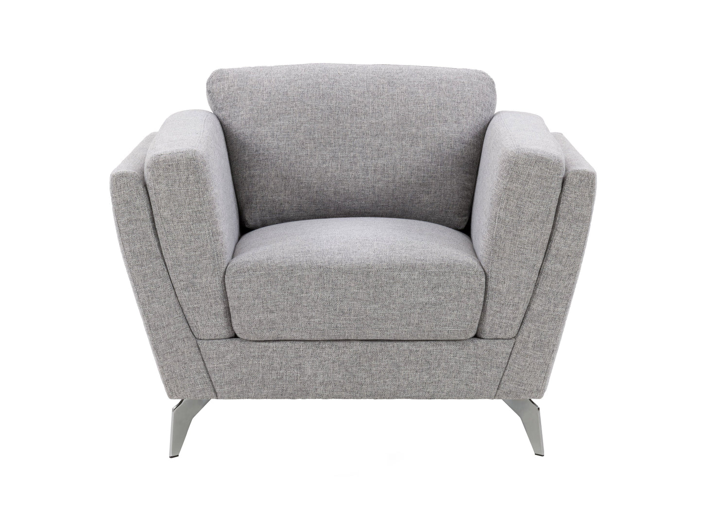 Light grey upholstered arm chair with wooden legs, featuring a contemporary design, soft fabric, and cushioned seat and backrest for enhanced comfort. Ideal for modern living rooms or home offices.