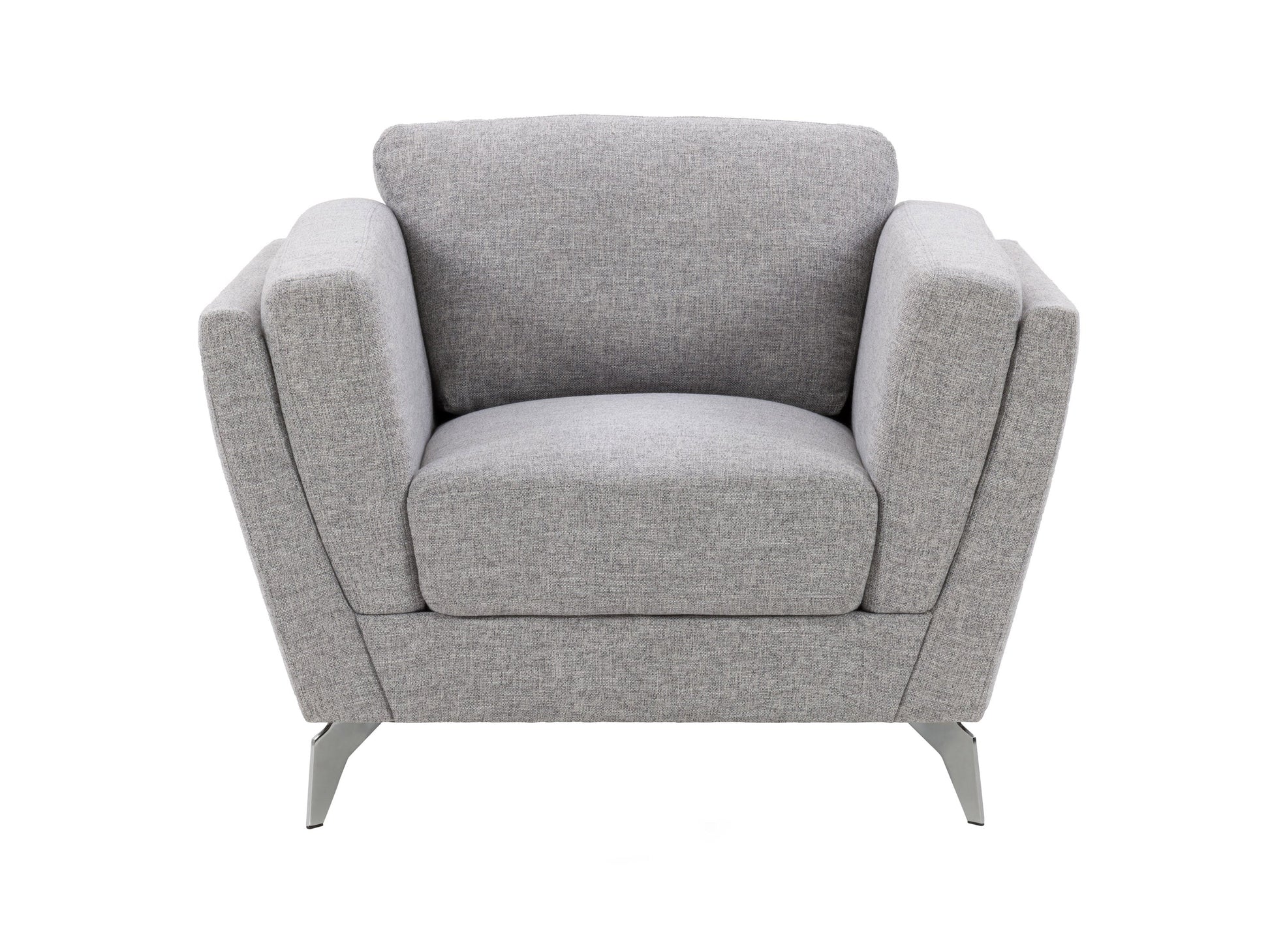 Light grey upholstered arm chair with wooden legs, featuring a contemporary design, soft fabric, and cushioned seat and backrest for enhanced comfort. Ideal for modern living rooms or home offices.