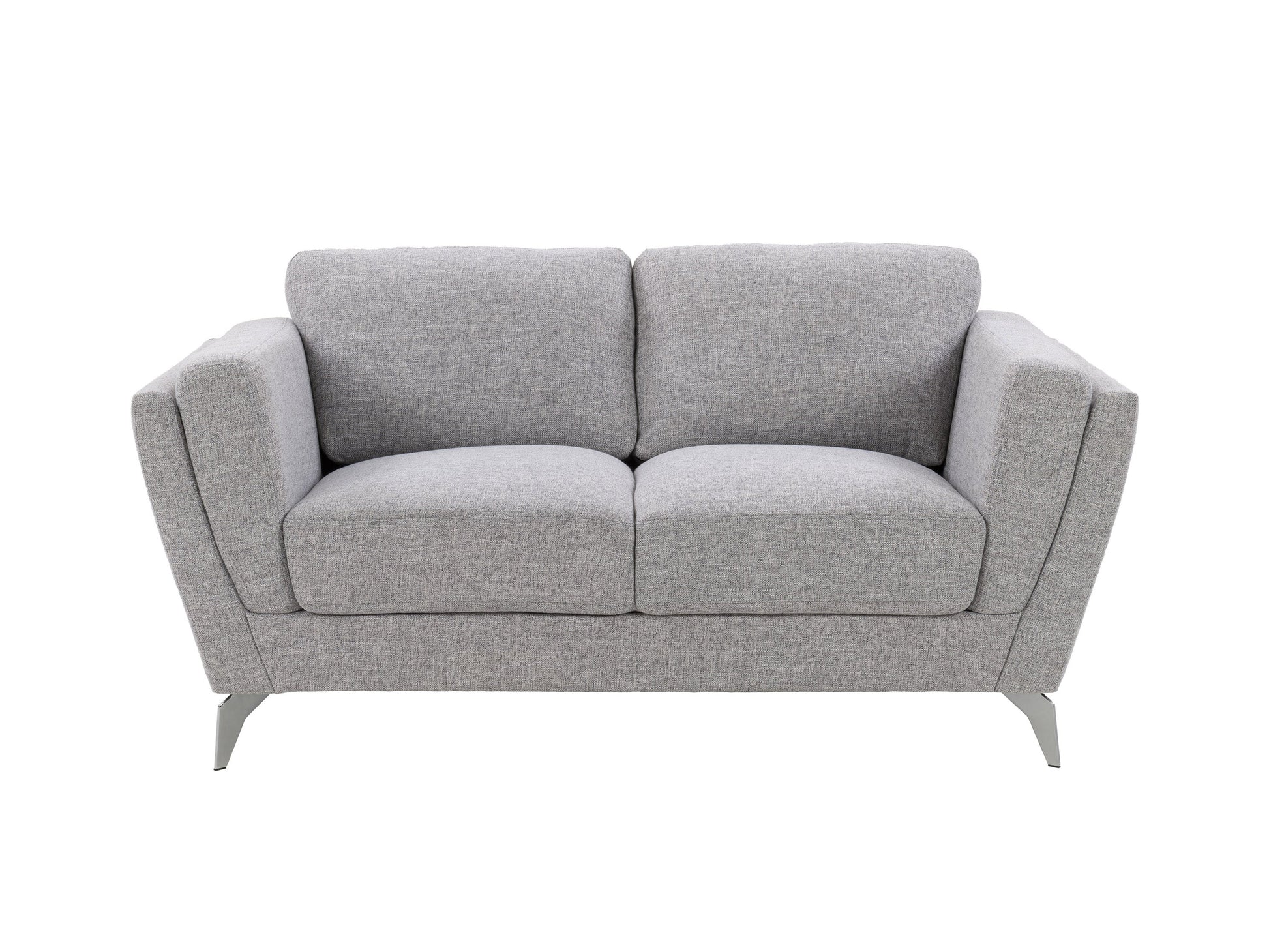 Light grey 2-seat loveseat with tufted backrest, soft fabric upholstery, and wooden legs. Perfect for small living rooms or cozy spaces.