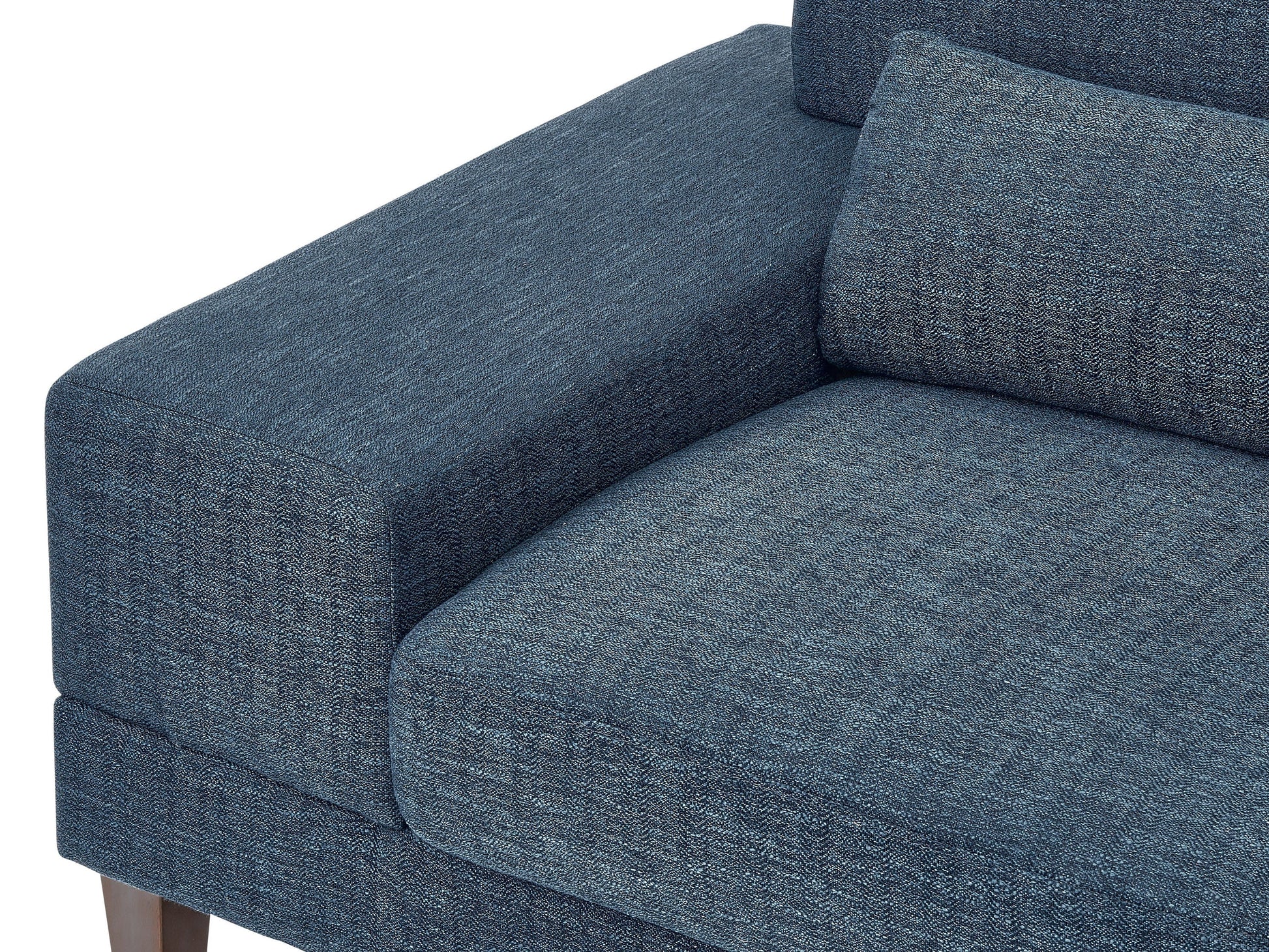 Modern blue sectional sofa, right-facing with plush cushions, sleek lines, and a durable fabric finish, perfect for contemporary living rooms. Features include adjustable headrests and stainless steel legs for added style and support.