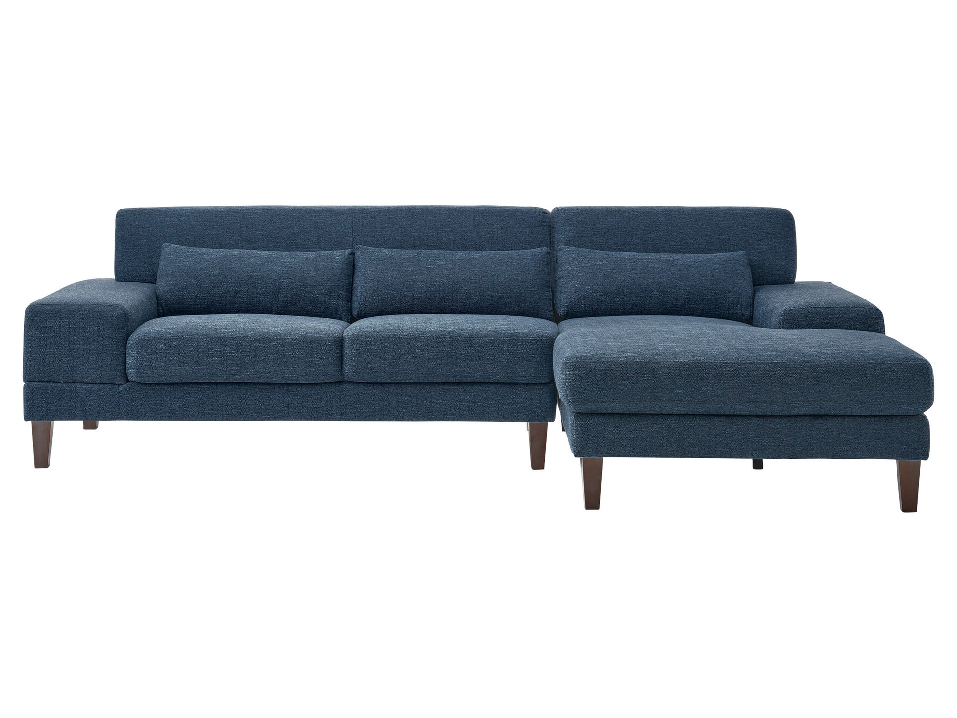 Modern blue sectional sofa, right-facing with plush cushions, sleek lines, and a durable fabric finish, perfect for contemporary living rooms. Features include adjustable headrests and stainless steel legs for added style and support.