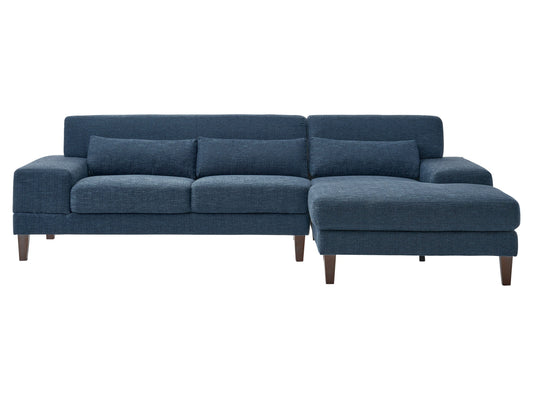 Modern blue sectional sofa, right-facing with plush cushions, sleek lines, and a durable fabric finish, perfect for contemporary living rooms. Features include adjustable headrests and stainless steel legs for added style and support.