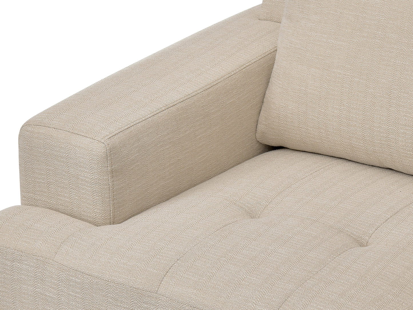 Beige mid-century armchair with wooden legs, tufted backrest, and smooth upholstery. Ideal for living rooms or offices, this stylish chair combines comfort with a retro design aesthetic.