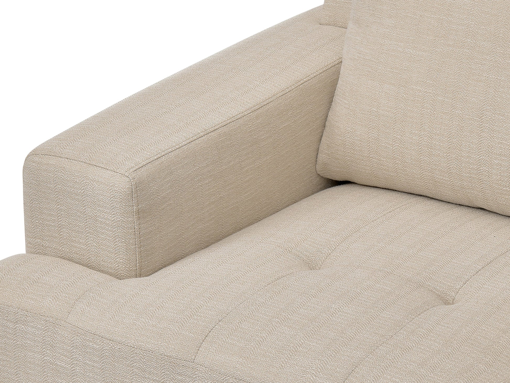 Beige mid-century armchair with wooden legs, tufted backrest, and smooth upholstery. Ideal for living rooms or offices, this stylish chair combines comfort with a retro design aesthetic.