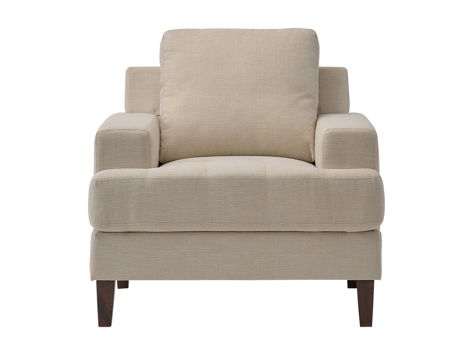 Beige mid-century armchair with wooden legs, tufted backrest, and smooth upholstery. Ideal for living rooms or offices, this stylish chair combines comfort with a retro design aesthetic.