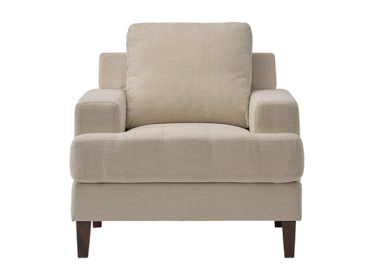 Beige mid-century armchair with wooden legs, tufted backrest, and smooth upholstery. Ideal for living rooms or offices, this stylish chair combines comfort with a retro design aesthetic.