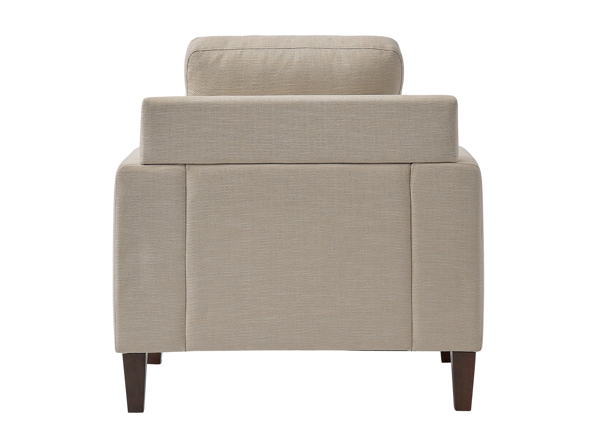 Beige mid-century armchair with wooden legs, tufted backrest, and smooth upholstery. Ideal for living rooms or offices, this stylish chair combines comfort with a retro design aesthetic.