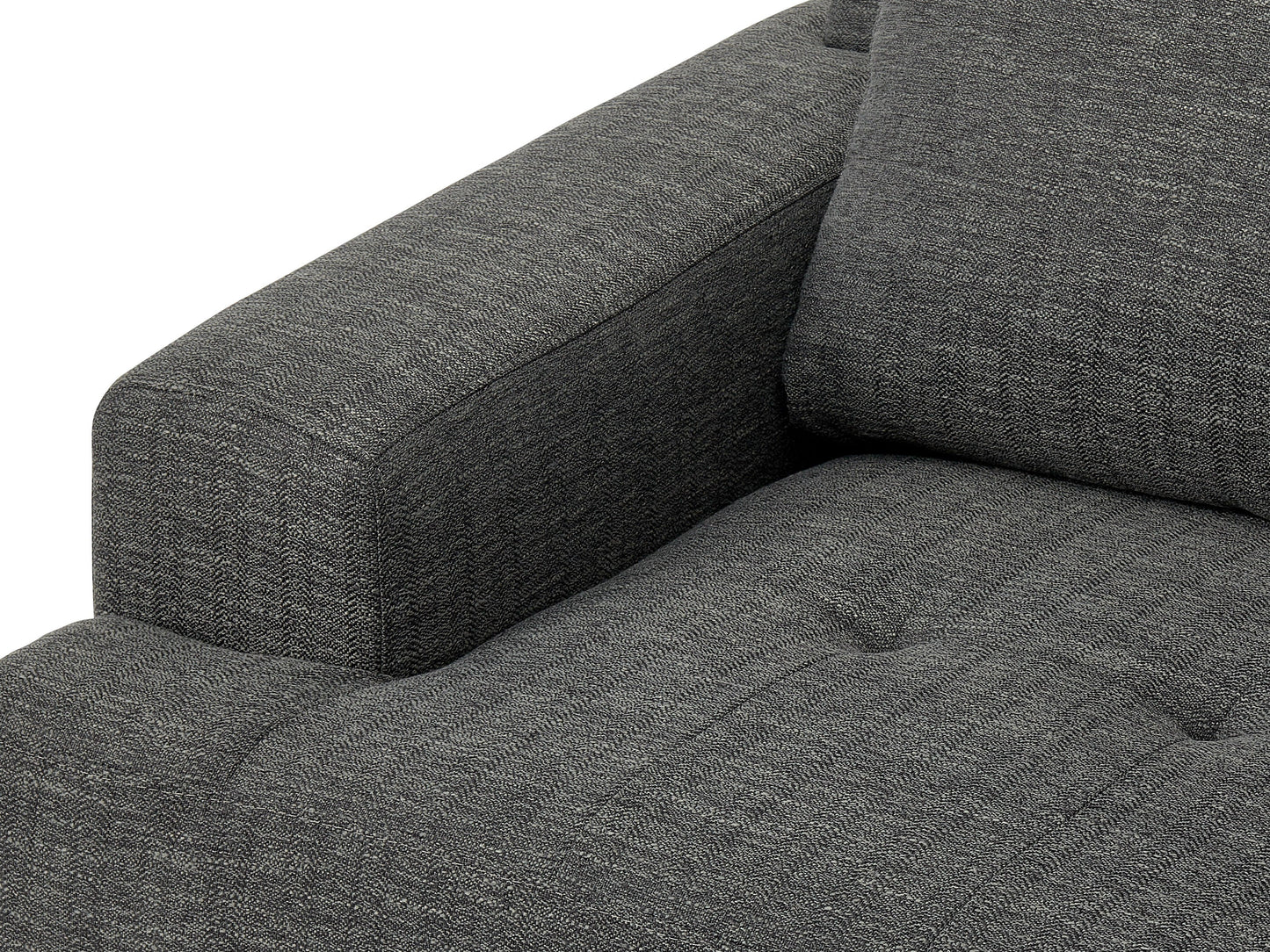 Dark grey mid-century armchair with wooden legs, upholstered in soft fabric, featuring a tufted backrest and padded seat, ideal for modern living rooms or offices.