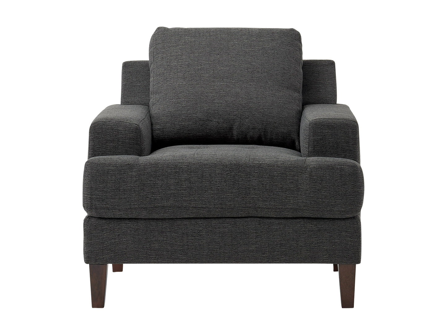 Dark grey mid-century armchair with wooden legs, upholstered in soft fabric, featuring a tufted backrest and padded seat, ideal for modern living rooms or offices.