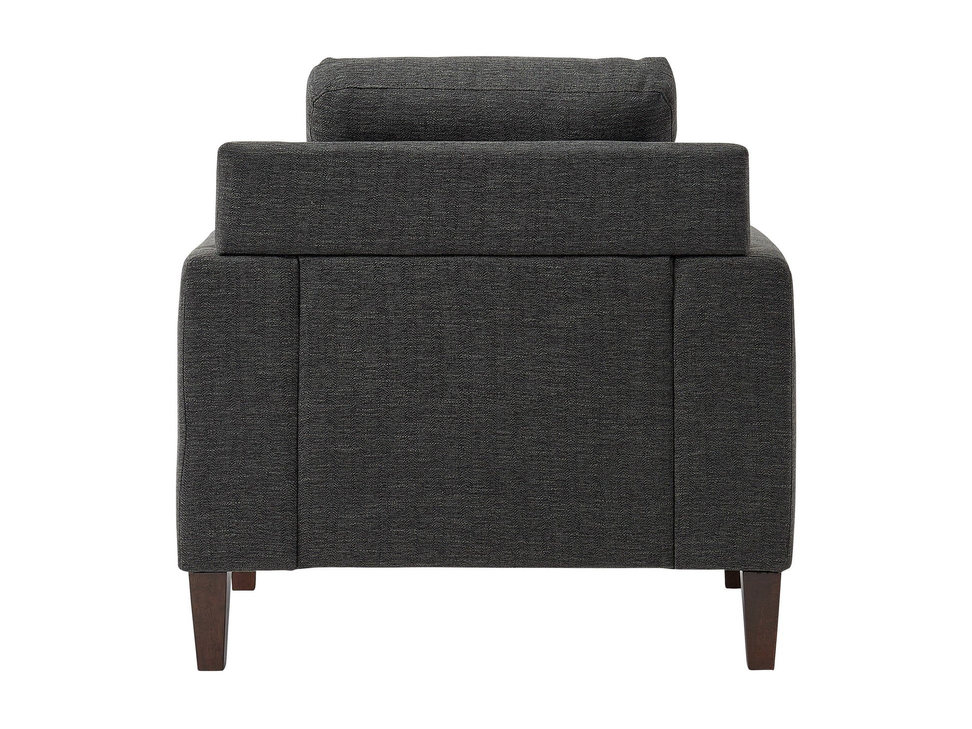 Dark grey mid-century armchair with wooden legs, upholstered in soft fabric, featuring a tufted backrest and padded seat, ideal for modern living rooms or offices.