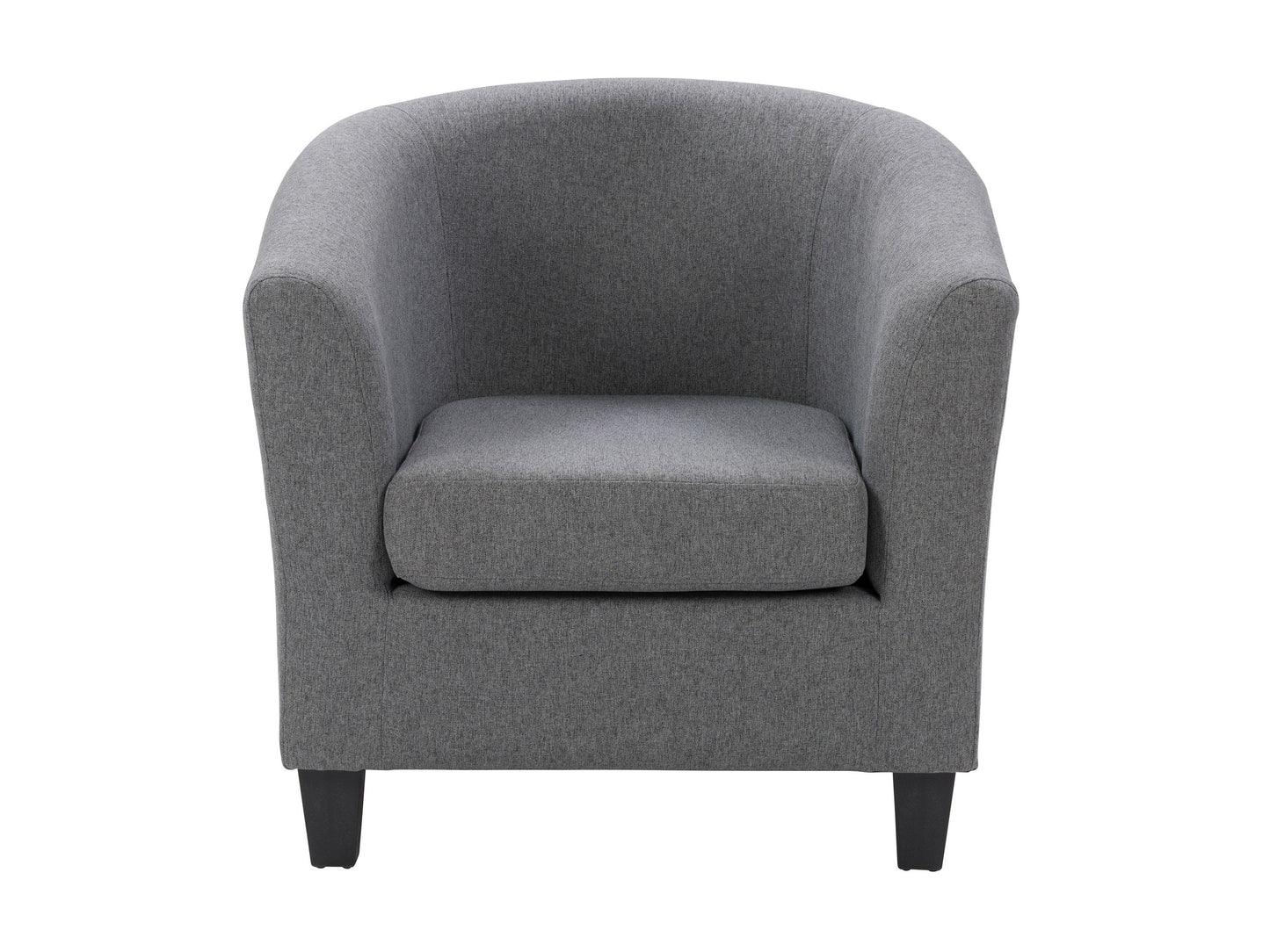 Grey tub chair with curved backrest, plush velvet upholstery, and wooden legs. Perfect for living rooms or offices, this accent chair combines modern design with comfort.