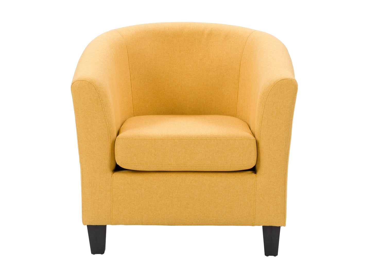 Yellow tub chair with curved backrest, upholstered in soft fabric, featuring wooden legs and plush cushioning, perfect for living room or bedroom decor.