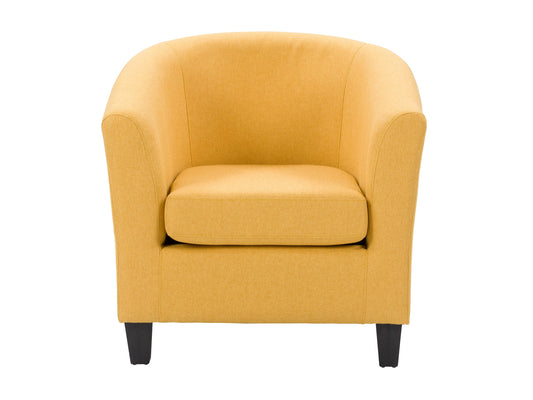 Yellow tub chair with curved backrest, upholstered in soft fabric, featuring wooden legs and plush cushioning, perfect for living room or bedroom decor.