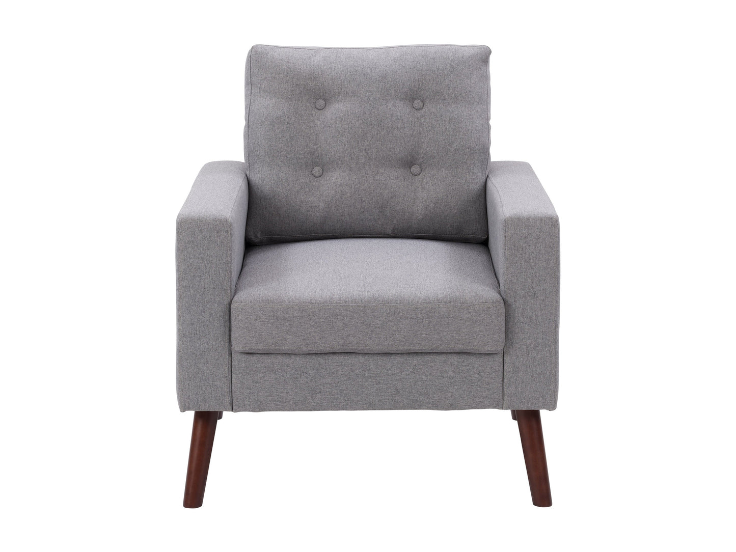 Grey tufted accent chair with wooden legs, featuring soft fabric upholstery, button-tufted backrest, and cushioned seat for comfort. Ideal for living rooms or reading nooks.