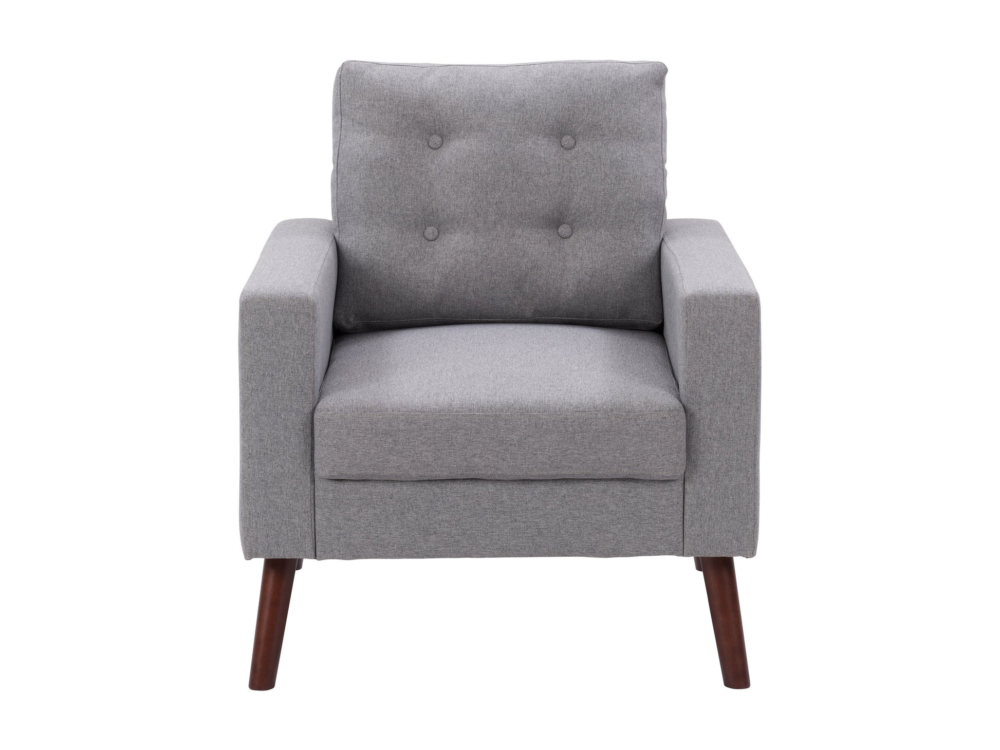 Grey tufted accent chair with wooden legs, featuring soft fabric upholstery, button-tufted backrest, and cushioned seat for comfort. Ideal for living rooms or reading nooks.