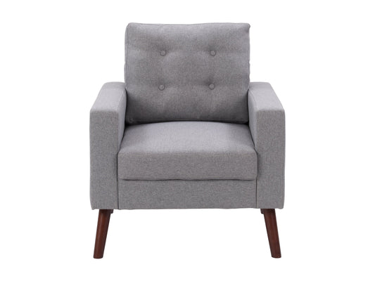 Grey tufted accent chair with wooden legs, featuring soft fabric upholstery, button-tufted backrest, and cushioned seat for comfort. Ideal for living rooms or reading nooks.