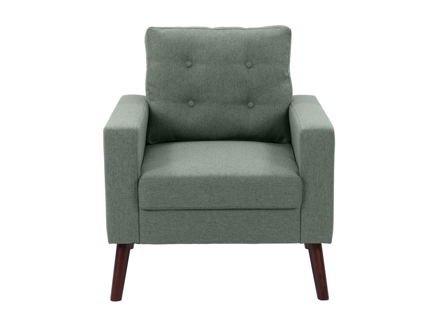 Green tufted accent chair with wooden legs, mid-century modern design, velvet upholstery, and button-tufted backrest.