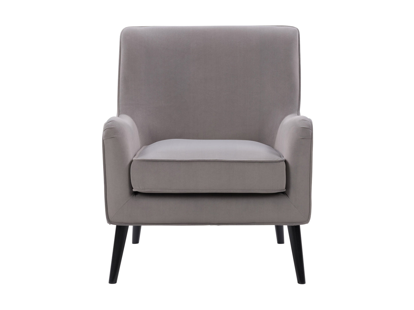 Elegant grey velvet accent chair with plush cushioning, sleek gold metal legs, and tufted backrest. Ideal for modern living rooms or offices, this stylish chair offers both comfort and sophistication.