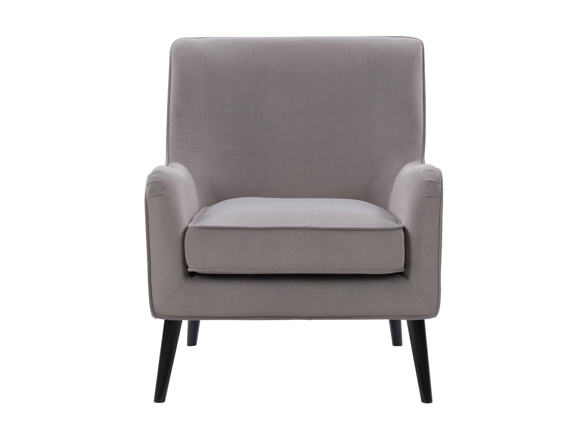 Elegant grey velvet accent chair with plush cushioning, sleek gold metal legs, and tufted backrest. Ideal for modern living rooms or offices, this stylish chair offers both comfort and sophistication.