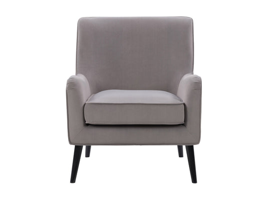 Elegant grey velvet accent chair with plush cushioning, sleek gold metal legs, and tufted backrest. Ideal for modern living rooms or offices, this stylish chair offers both comfort and sophistication.
