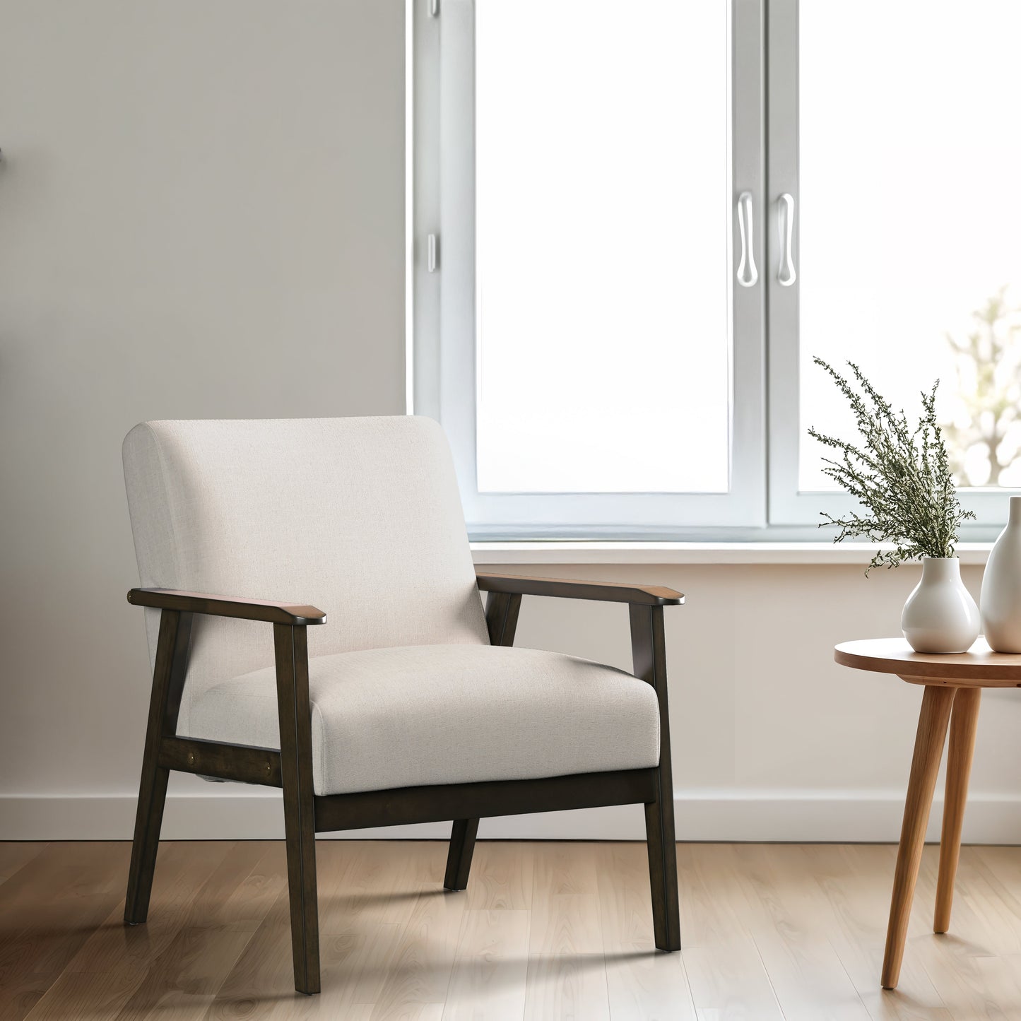 Natural Linen Upholstered Mid-Century Modern Accent Chair