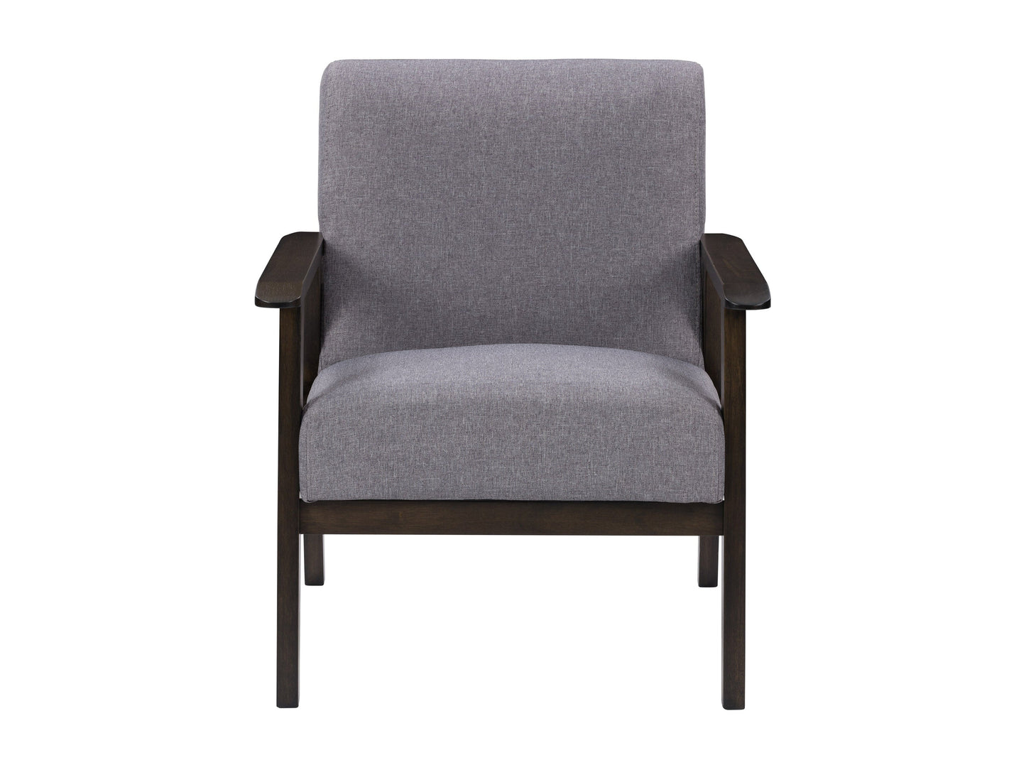 Grey wood accent chair with cushioned seat and backrest, featuring sleek wooden arms and legs. The chair's fabric is a soft grey linen, complemented by a natural wood finish, perfect for modern living rooms.