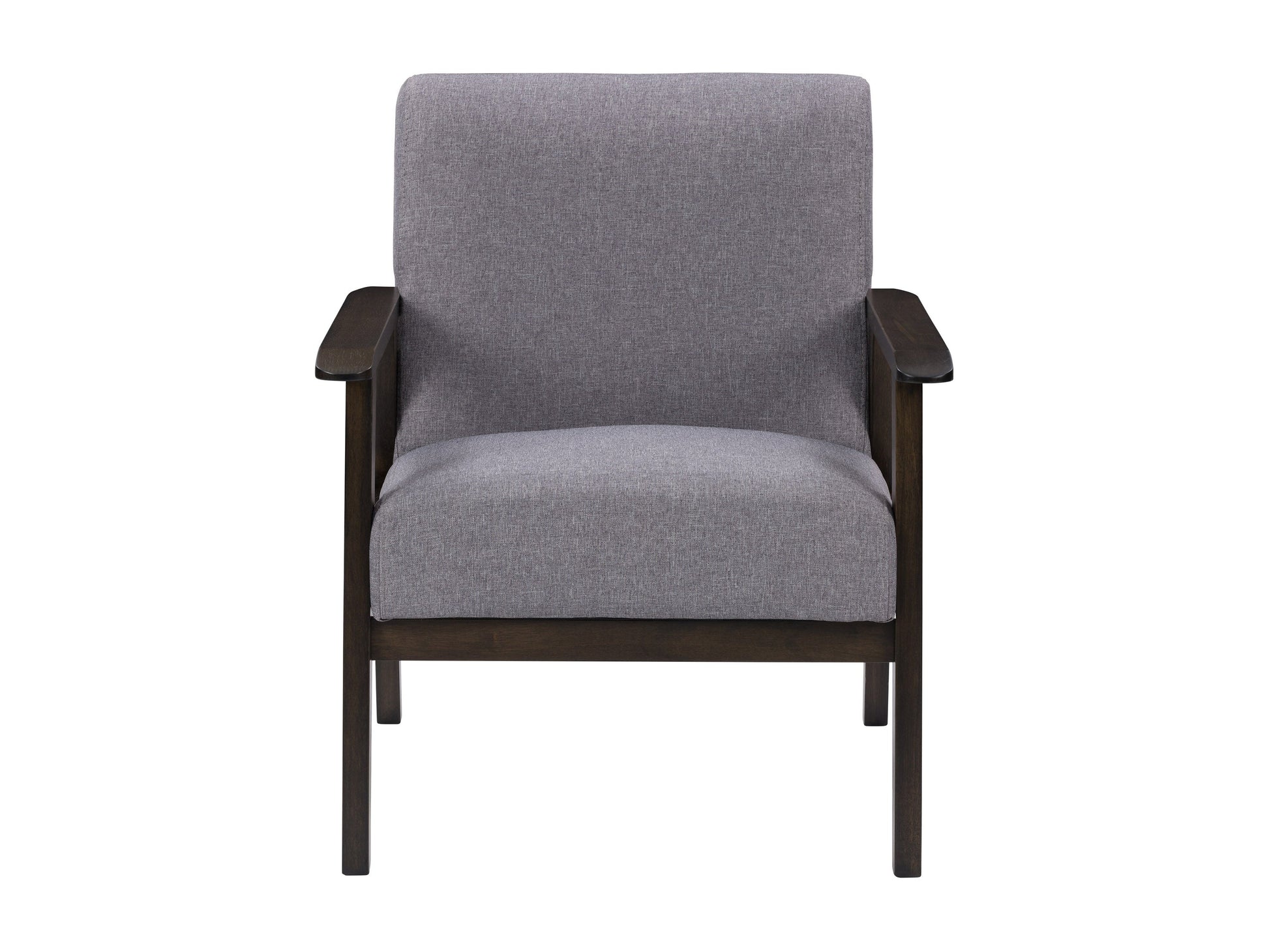 Grey wood accent chair with cushioned seat and backrest, featuring sleek wooden arms and legs. The chair's fabric is a soft grey linen, complemented by a natural wood finish, perfect for modern living rooms.