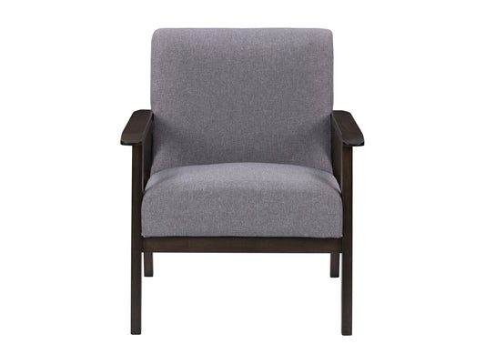 Grey wood accent chair with cushioned seat and backrest, featuring sleek wooden arms and legs. The chair's fabric is a soft grey linen, complemented by a natural wood finish, perfect for modern living rooms.