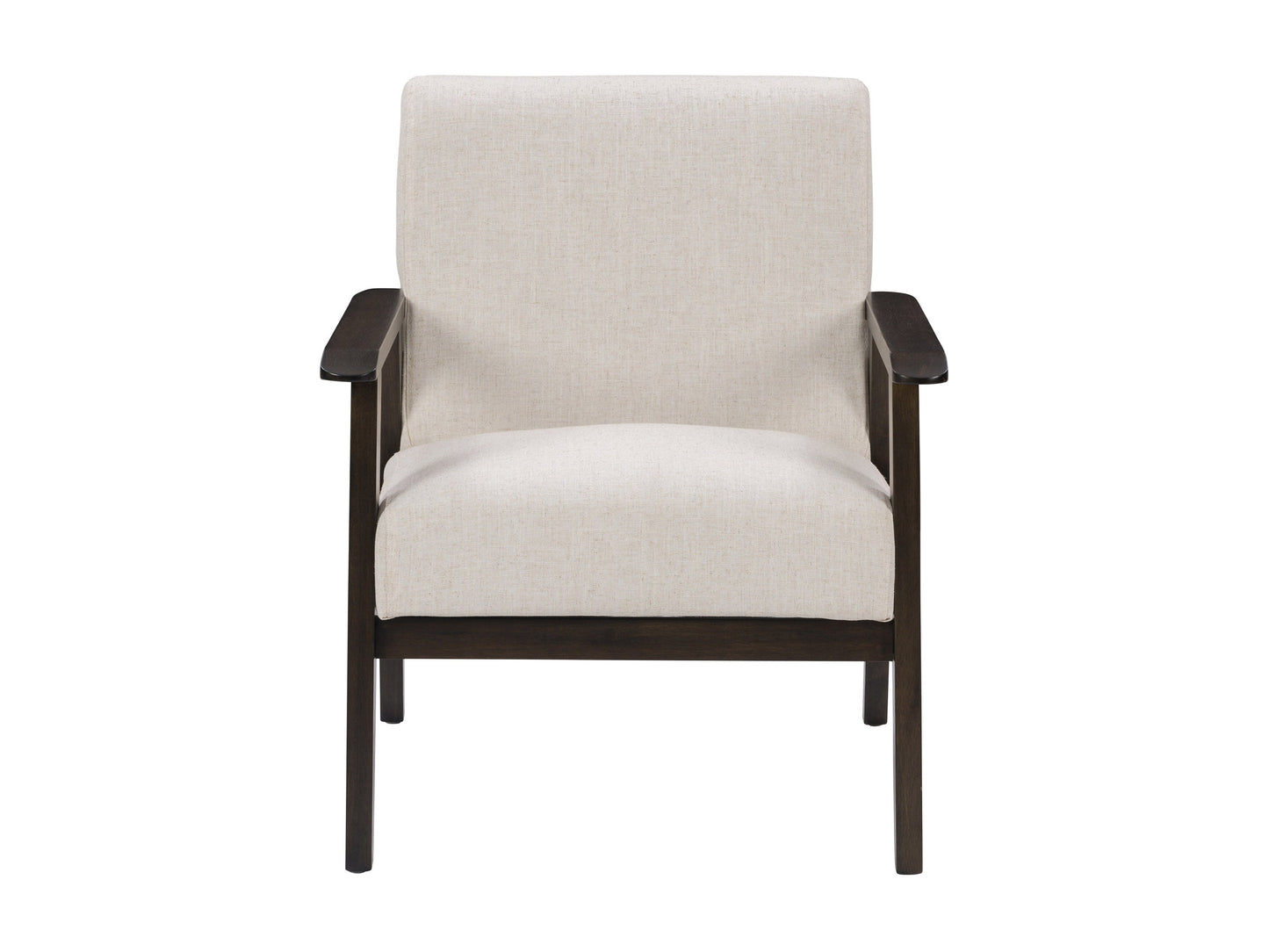 Beige wood accent chair with cushioned seat and backrest, featuring light oak legs and armrests, mid-century modern design, ideal for living room or bedroom decor.