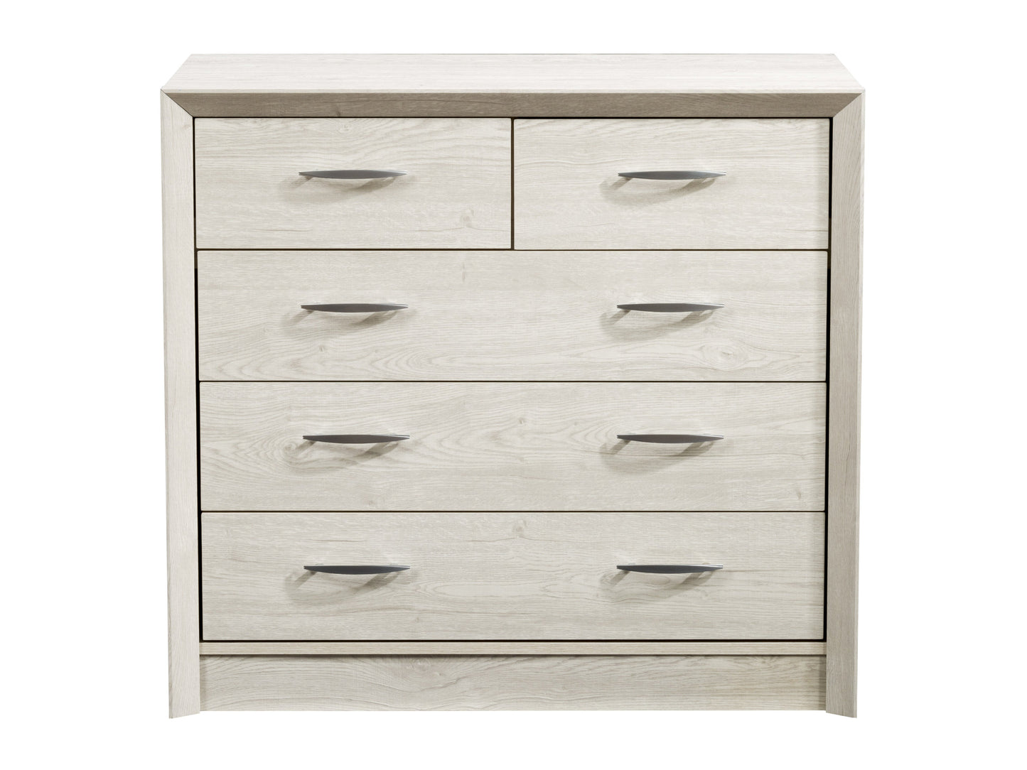 Mid-century modern white-washed oak dresser with six spacious drawers, sleek metal handles, and tapered legs; ideal for bedroom storage and stylish home decor.