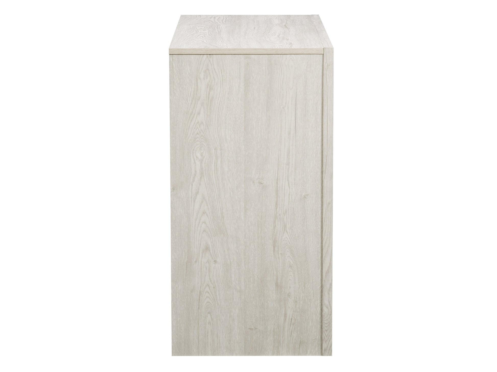 Mid-century modern white-washed oak dresser with six spacious drawers, sleek metal handles, and tapered legs; ideal for bedroom storage and stylish home decor.