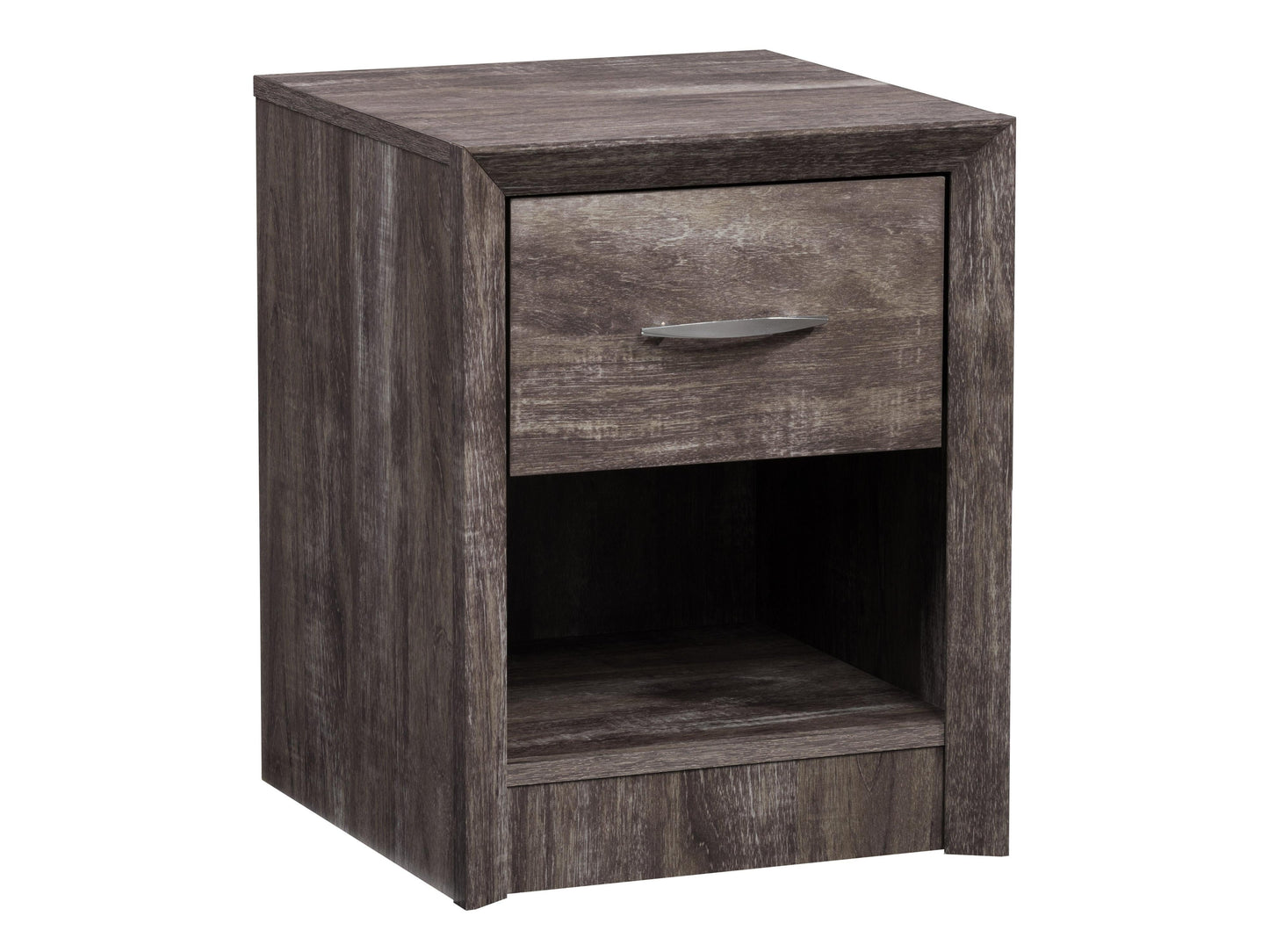 Mid-century modern nightstand with walnut finish, featuring two white drawers and angled wooden legs, perfect for bedroom storage and decor.