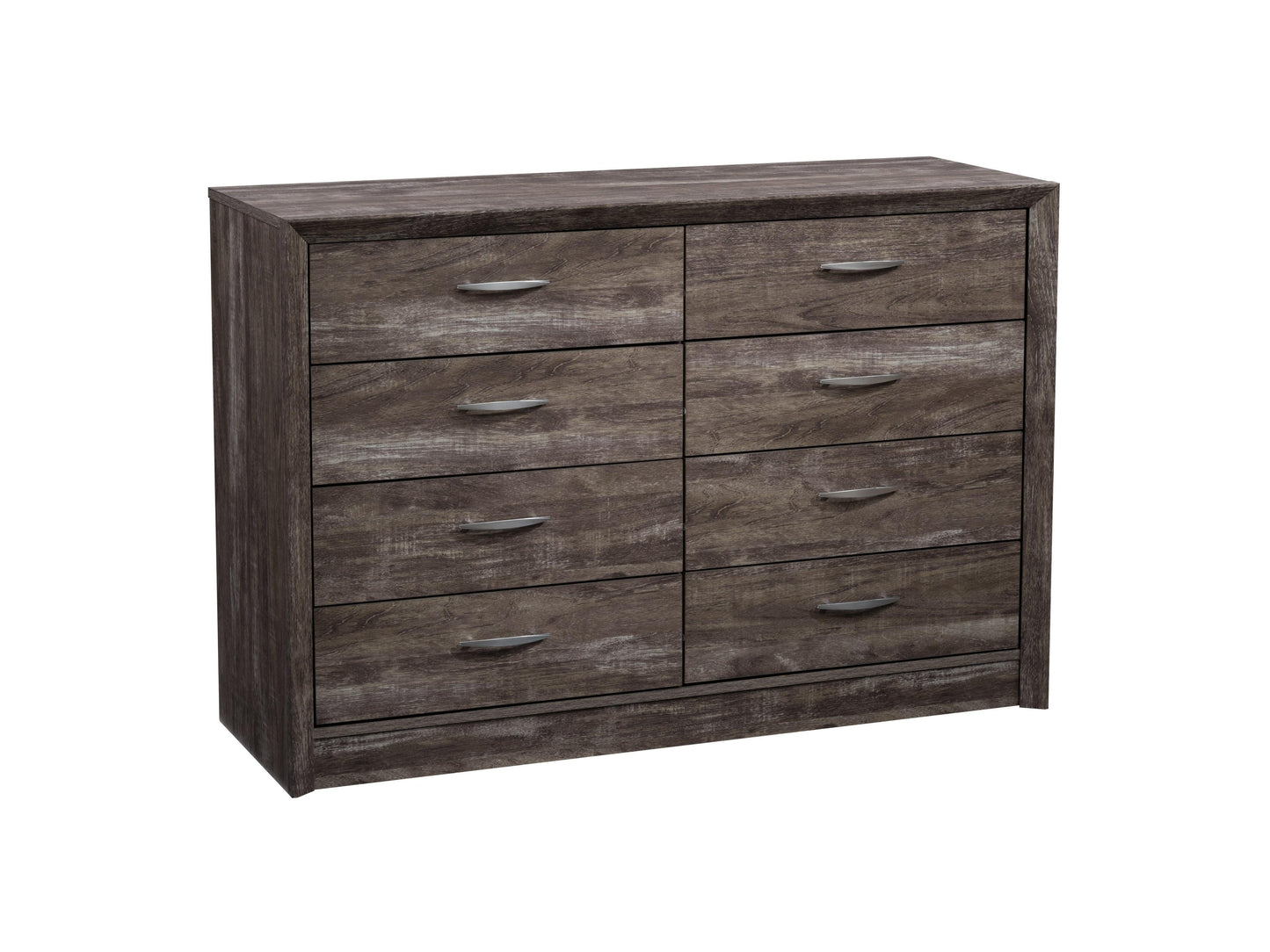 8 drawer dresser with a sleek white finish, natural wood top, and elegant metal handles, featuring a minimalist design perfect for modern bedrooms or living rooms.