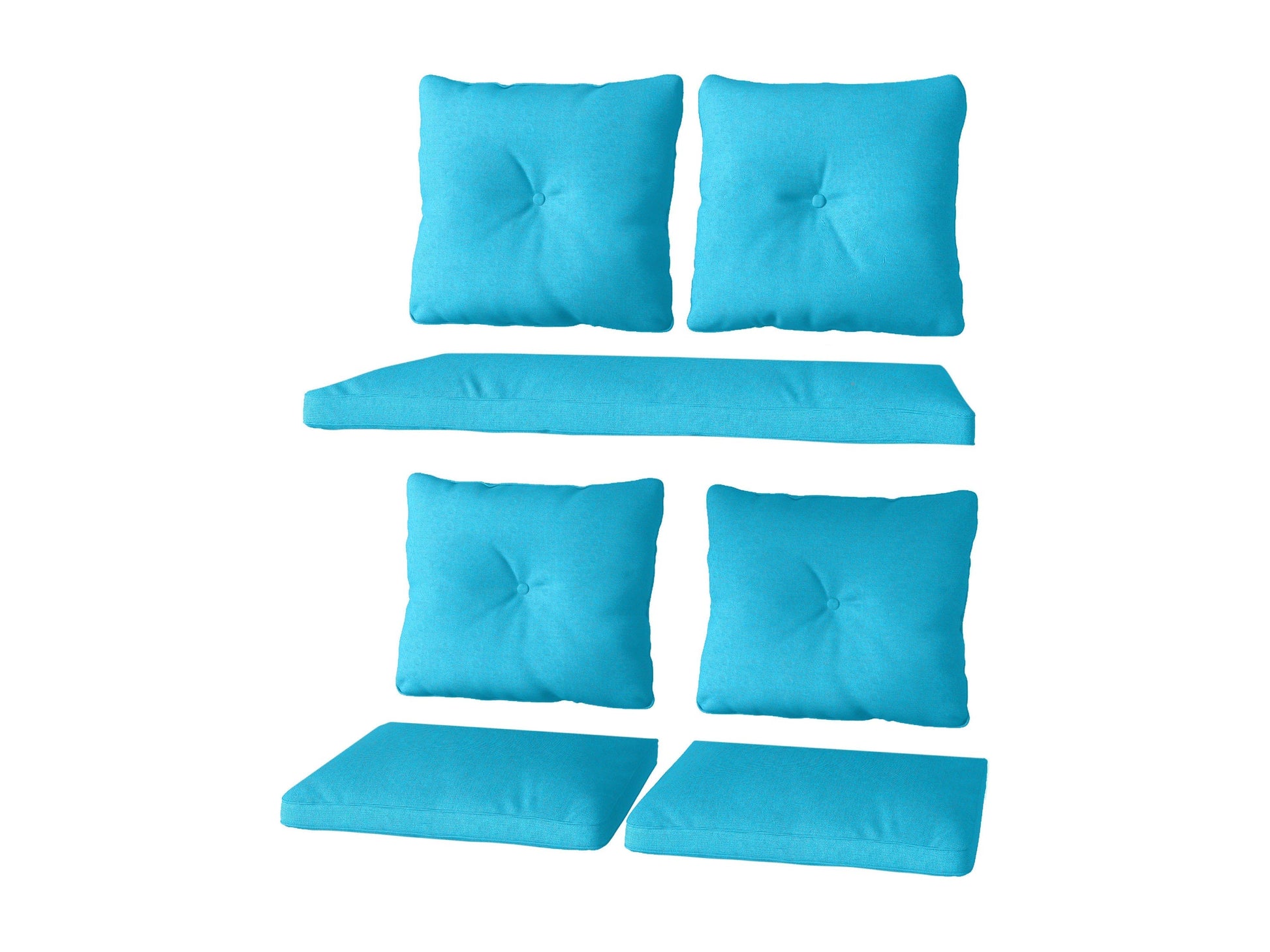 Turquoise patio replacement cushion set, 7 pieces, includes seat and back cushions with durable, weather-resistant fabric and plush padding, perfect for outdoor furniture refresh.