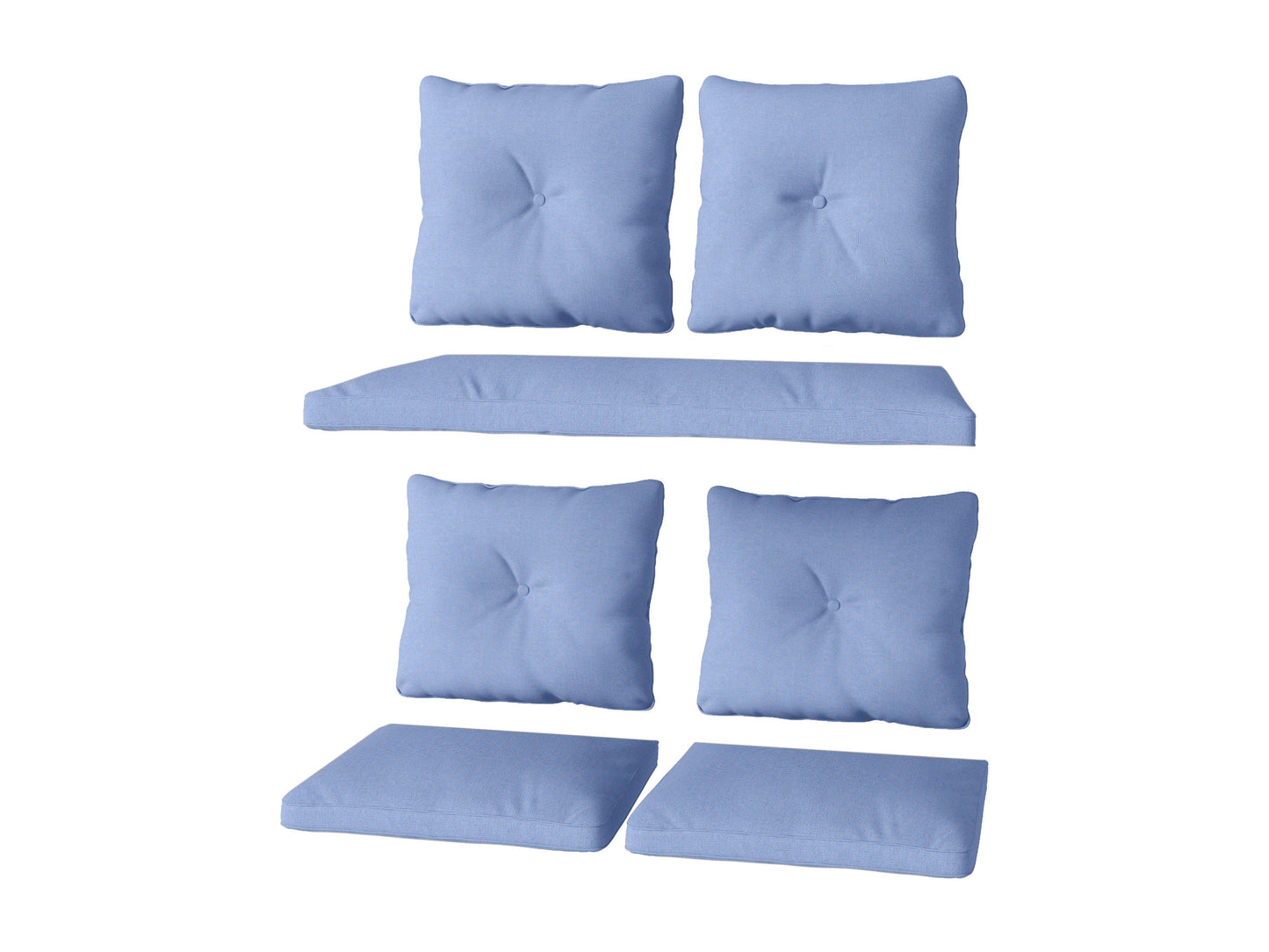Light blue patio replacement cushion set, 7 pieces, includes seat and back cushions. Durable, weather-resistant fabric with tufted detailing. Ideal for outdoor furniture refresh or upgrade.