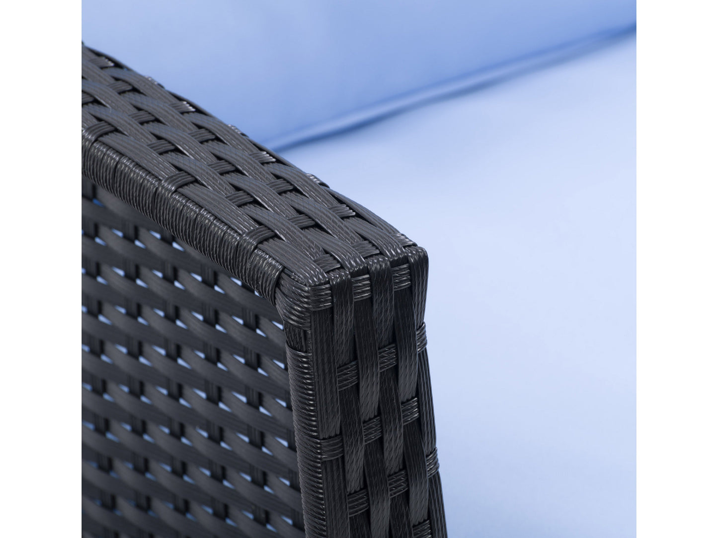 Black and light blue wicker patio conversation set, 4 pieces, includes a sofa, two chairs, and a coffee table with tempered glass top, featuring durable wicker material and weather-resistant cushions.