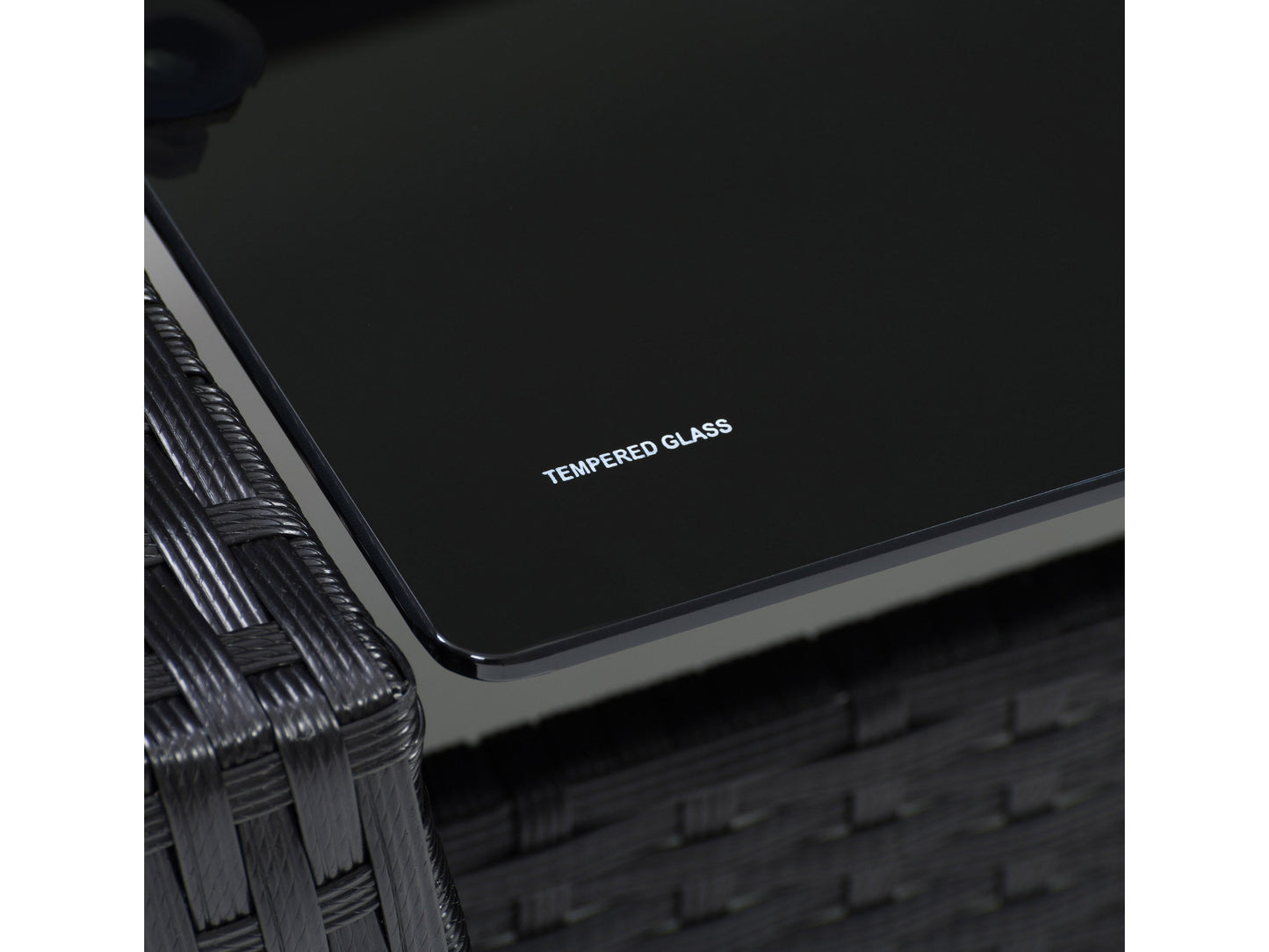 Black and light blue wicker patio conversation set, 4 pieces, includes a sofa, two chairs, and a coffee table with tempered glass top, featuring durable wicker material and weather-resistant cushions.