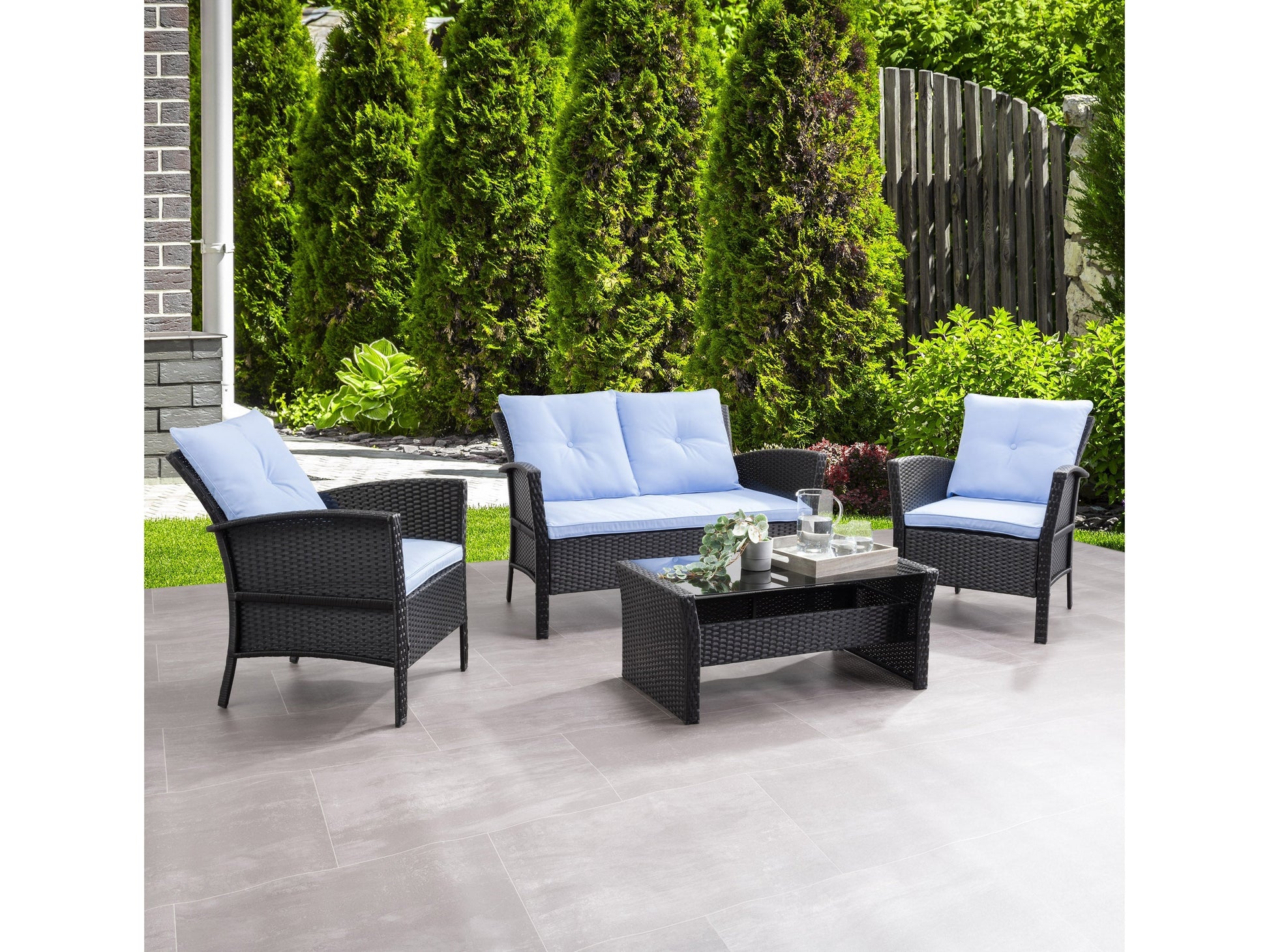 Black and light blue wicker patio conversation set, 4 pieces, includes a sofa, two chairs, and a coffee table with tempered glass top, featuring durable wicker material and weather-resistant cushions.
