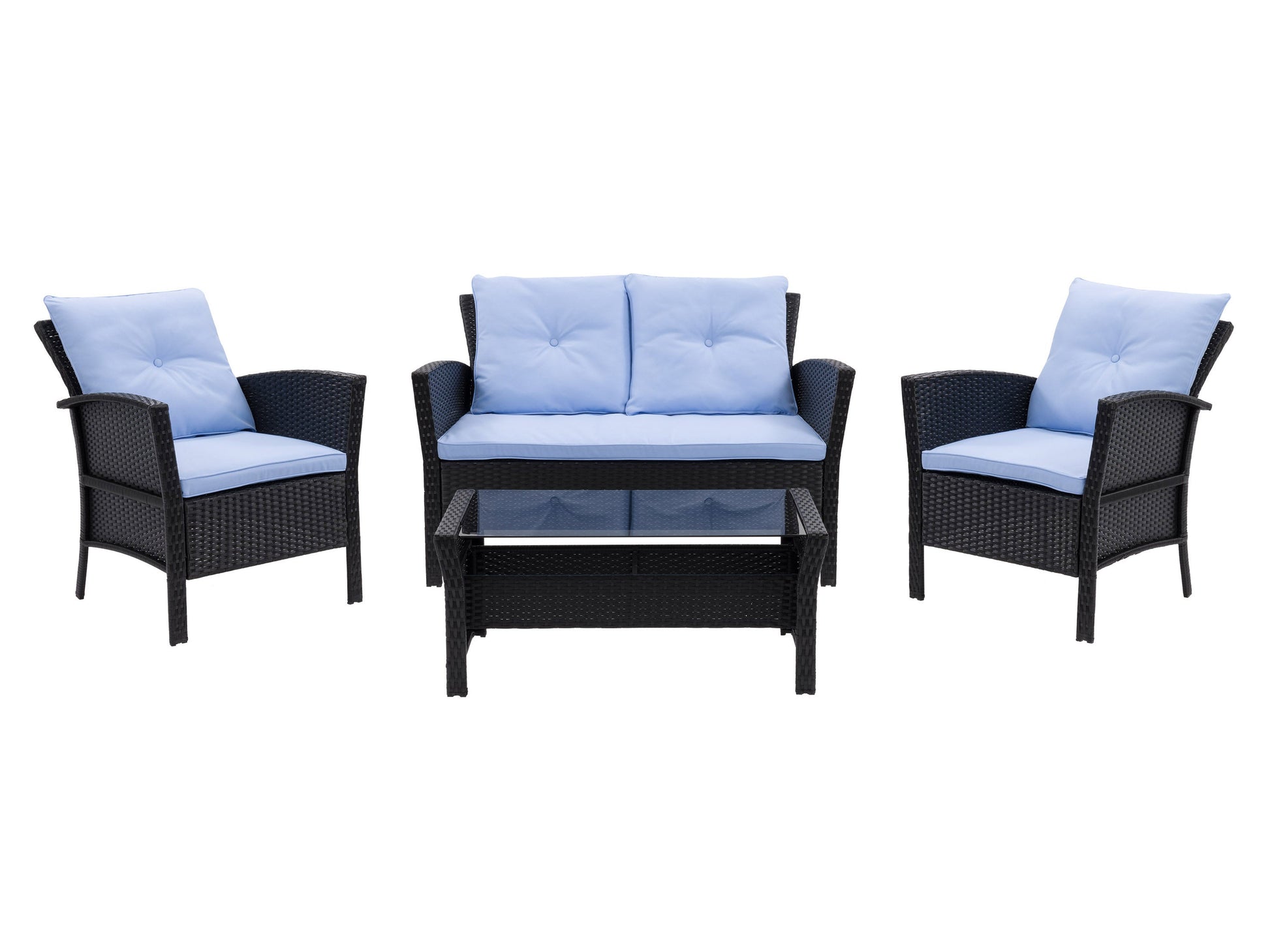 Black and light blue wicker patio conversation set, 4 pieces, includes a sofa, two chairs, and a coffee table with tempered glass top, featuring durable wicker material and weather-resistant cushions.