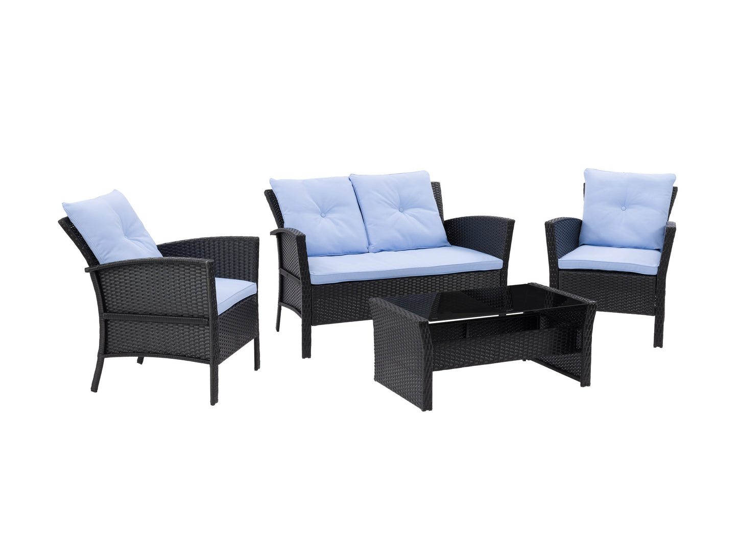 Black and light blue wicker patio conversation set, 4 pieces, includes a sofa, two chairs, and a coffee table with tempered glass top, featuring durable wicker material and weather-resistant cushions.